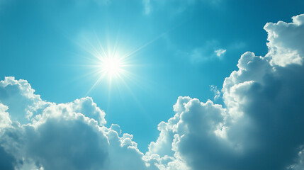 Niebieskie niebo na gorący dzień z radosnymi promieniami słońca, kt&oacute;re przeświecają przez naprzemienne małe i duże chmury, tworząc magiczne abstrakcyjne kształty. 