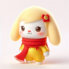 a cute 3d fluffy Vietnamese style yellow rabbit teddy bear character with red scarf