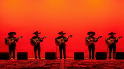 Silhouetted Musicians Performing on Stage with Red Lighting