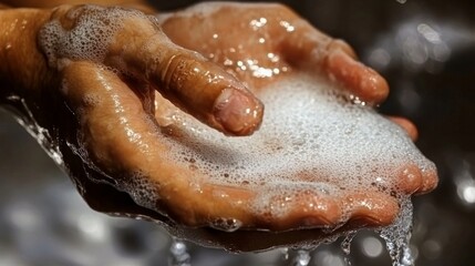 Fototapeta premium Close-up of hands washing with soap and water, creating a foamy lather.