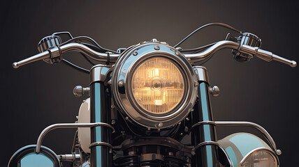 Fototapeta premium Close-up of a vintage motorcycle's front wheel and handlebars, with intricate pixel details, retro style,.