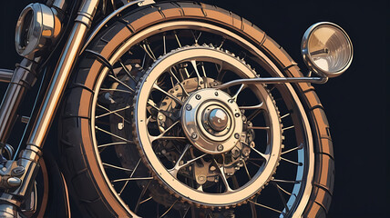Obraz premium Close-up of a vintage motorcycle's front wheel and handlebars, with intricate pixel details, retro style,.