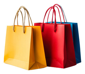 Colorful shopping bags stacked together on a table isolated on transparent background