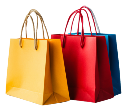 Colorful shopping bags stacked together on a table isolated on transparent background