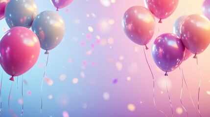 Colorful Balloons with Confetti on a Pink and Blue Gradient Background - Festive Celebration Concept.