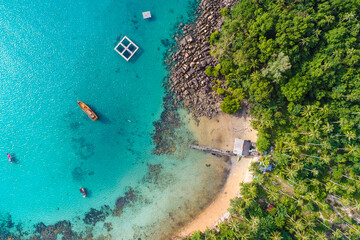 Aerial view blue sea white sand beach wave turquoise water with coconut palm tree