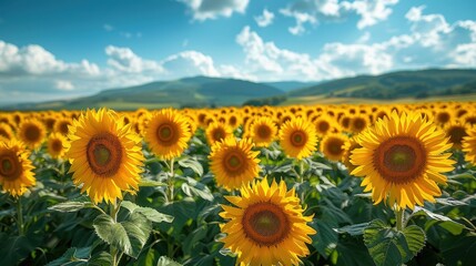 A Field of Sunflowers in Full Bloom Under a Blue Sky with White Clouds