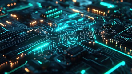 Obraz premium Abstract Circuit Board with Glowing Neon Green Lines and Orange Lights.