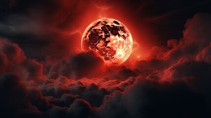Fiery Red Moon Over Dark Clouds - Dramatic Night Sky Landscape