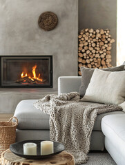 Fototapeta premium Grey sofa with woven blanket near fireplace