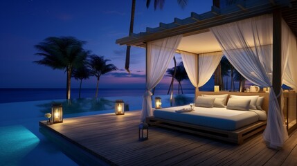 Fototapeta premium Romantic Tropical Getaway: Oceanfront Canopy Bed with Swimming Pool