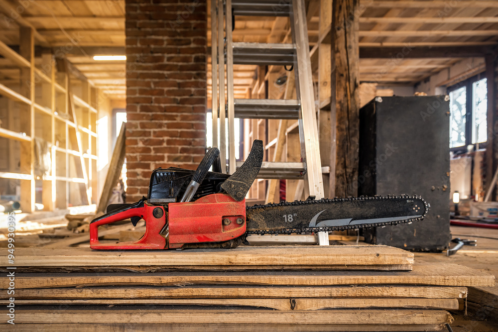 Wall mural Professional carpenter chainsaw on the wooden board on construction site