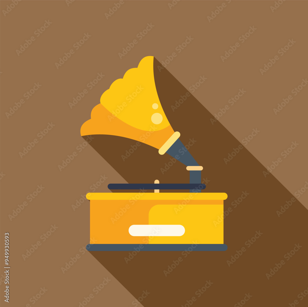 Poster vintage gramophone is playing a vinyl record in this flat design illustration with a long shadow