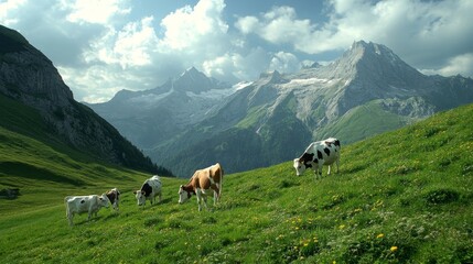 Obraz premium Hike amidst the majestic Alps, where verdant meadows teem with grazing cows. Observe these serene creatures against a backdrop of towering mountains.