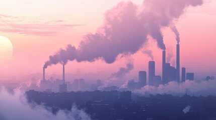 Industrial pollution with smoke clouds harming the environment, contributing to global warming and climate change. Website landing page background illustrating environmental concerns.