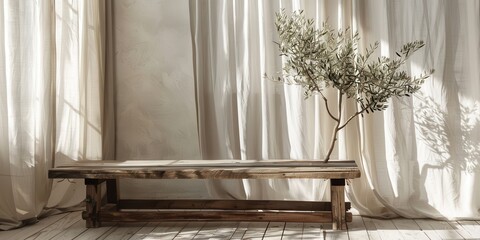Wooden Bench, Olive Branch, and Sheer Curtains in a Sunlit Room