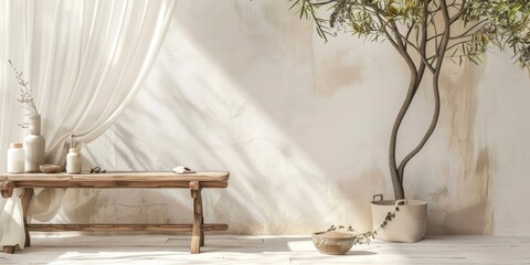 Rustic Wooden Bench with White Curtains and a Potted Plant