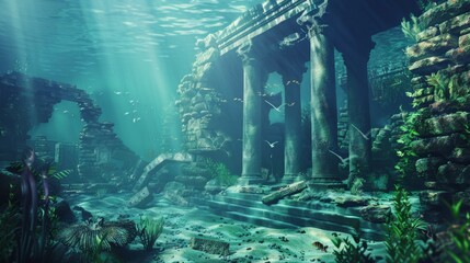 Sunbeams illuminate an underwater ancient ruins scene.