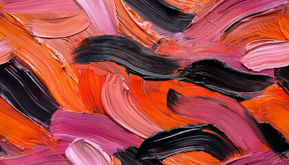 Background with abstract brushstrokes in oil paint. Orange, black and pink colors. Hand drawn art.