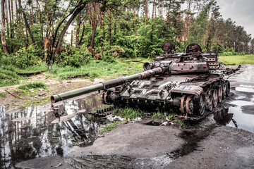 Wreck of burned russian tank. Ukraine. War in Ukraine