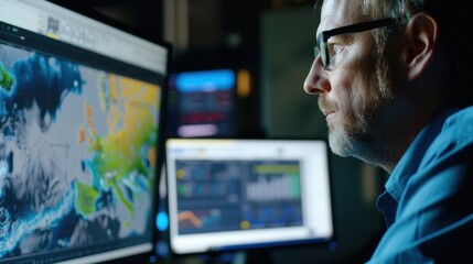 It specialist working late analyzing big data on computer screen showing charts and maps