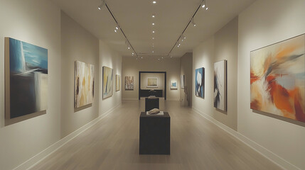 An art gallery-style space featuring a long hallway with track lighting, several abstract artworks in various sizes, and a monochromatic color scheme for a sophisticated look