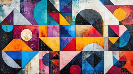 A vibrant collage featuring a variety of geometric shapes, such as triangles, squares, and circles, overlapping and interacting in a dynamic composition.
