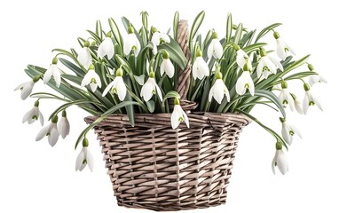 Bouquet of snowdrops in a basket on a white background