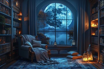 A Cozy Reading Nook with a Full Moon View