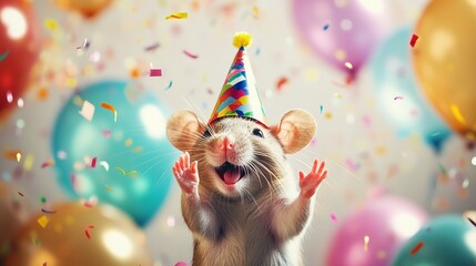 Happy Cute Animal Mouse Wearing a Clown Hat, Celebrating New Year's Celebration or Fancy Birthday Party, Lots of Balloons with Shiny Ribbons.