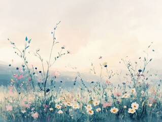 Obraz premium Watercolor Painting of a Wildflower Meadow at Sunset.
