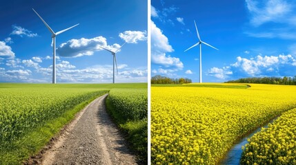 Springtime polder showcases wind turbines surrounded by lush canola fields and a serene canal, all beneath a bright blue sky