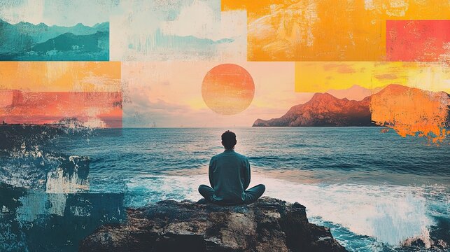 A calming collage featuring serene landscapes, gentle colors, and positive affirmations, promoting relaxation and mindfulness.