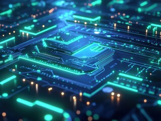 Obraz premium Abstract Circuit Board with Glowing Green Lines and Blue Background - Futuristic Technology Concept.