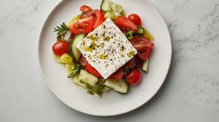 A white plate with a salad of tomatoes, cucumbers, and feta cheese