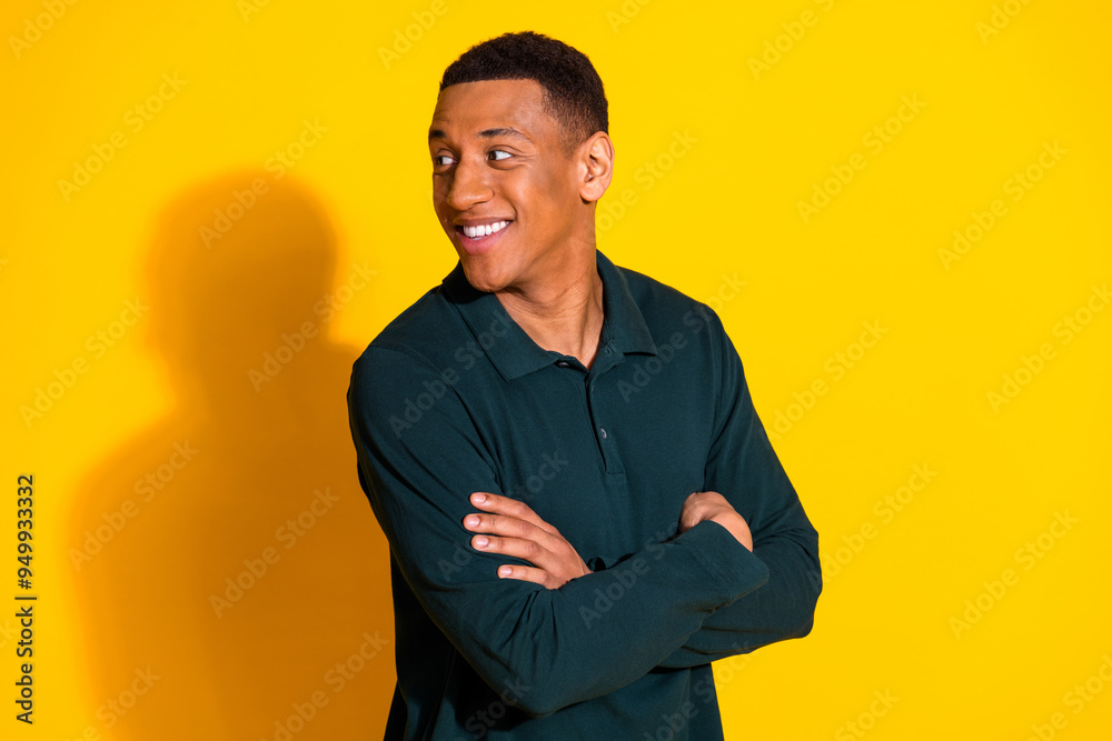 Sticker photo portrait of handsome young guy folded hands look empty space dressed stylish green garment iso