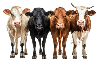 Cows of different breeds lined up in a studio isolated on transparent background