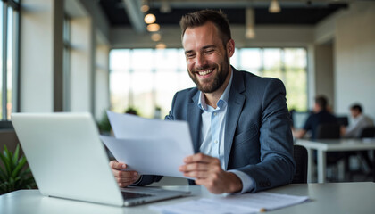 Smiling businessman working with documents and laptop in modern office