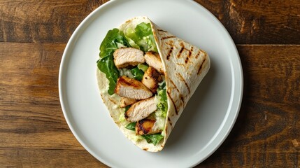 A plate of food with a wrap of chicken and lettuce