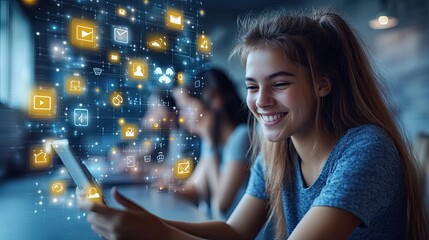 A collage highlighting the impact of technology on communication and social interaction, featuring social media icons, emojis, and online communities.