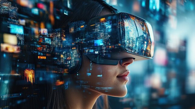 A collage showcasing the potential of virtual reality, with images of people immersed in digital worlds and experiencing new realities.