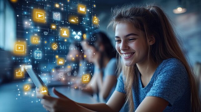 A collage highlighting the impact of technology on communication and social interaction, featuring social media icons, emojis, and online communities.