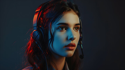 Fototapeta premium Portrait of a young woman call center operator. AI Generated