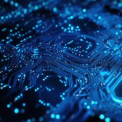 Obraz premium Abstract Blue Circuit Board Background with Glowing Lights - Futuristic Technology Concept.