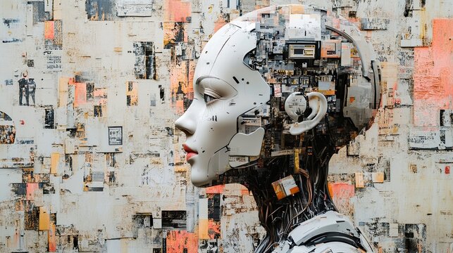 A collage exploring the ethical implications of artificial intelligence and robotics, raising questions about the future of humanity and technology.