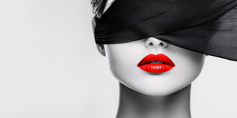 A striking black and white portrait of a beautiful young woman, where all color fades except the bold red of her lips. The contrast draws focus to emotion, confidence, and silent strength, turning sim