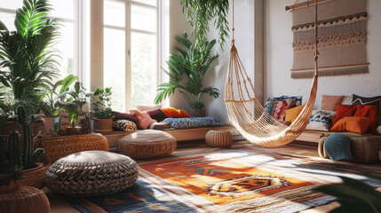 Bohemian interior with an assortment of colorful throw pillows, tribal rugs, and a hanging woven chair. Natural light and greenery add to the relaxed vibe