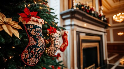 A beautifully decorated Christmas tree with hanging stockings, festive colors, and a cozy fireplace, perfect for holiday spirit.