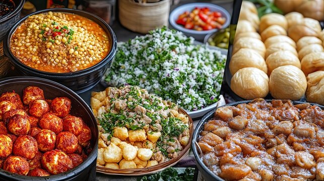 A collage combining elements of food and travel, featuring vibrant images of street food from different cultures around the world.