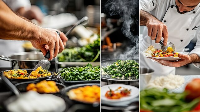 A collage capturing the art of cooking, with images of chefs preparing ingredients, chopping vegetables, and plating dishes with precision.